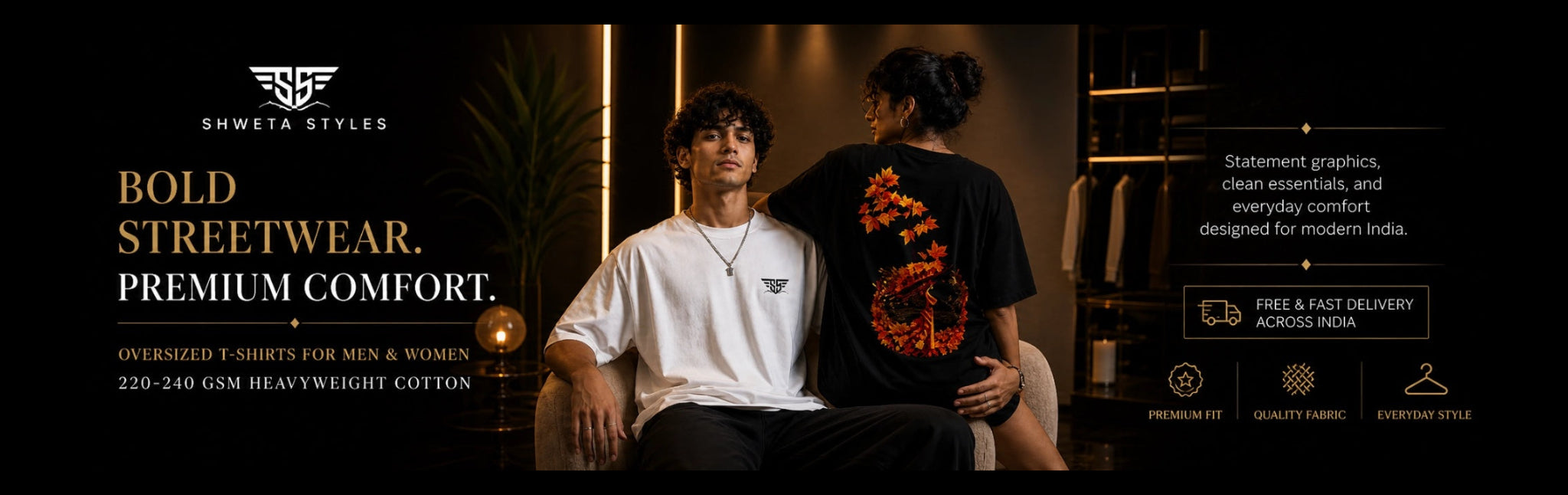 Two people sitting in a room with text about bold streetwear and premium comfort.