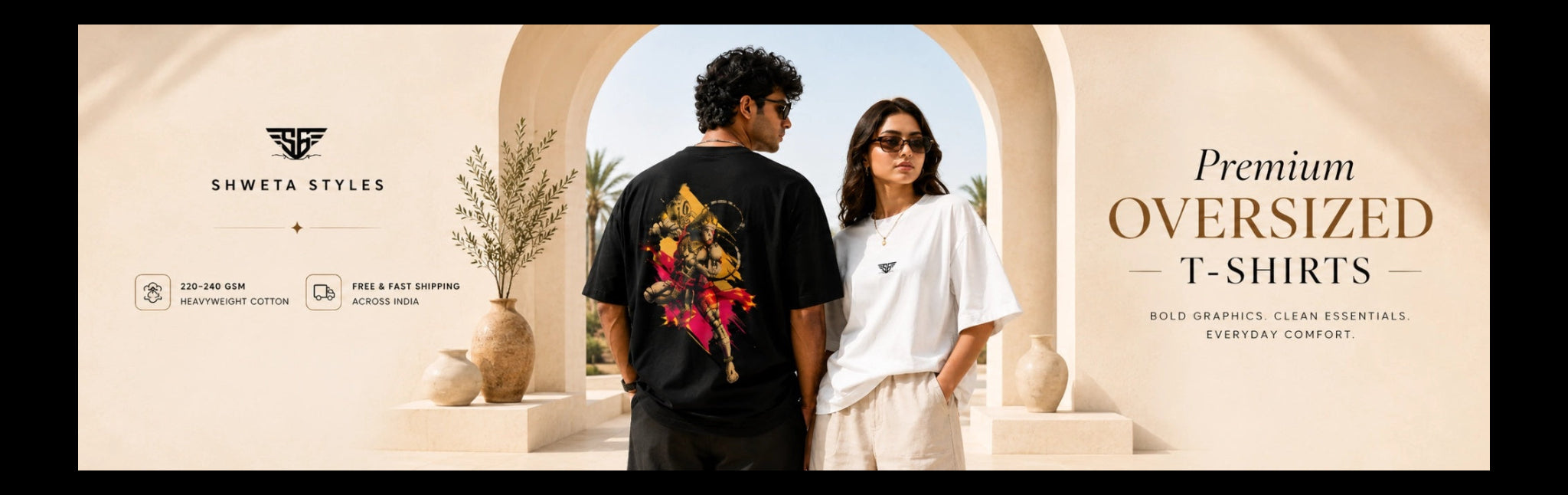 Two people standing in a sunlit archway wearing oversized t-shirts with text about premium oversized t-shirts.