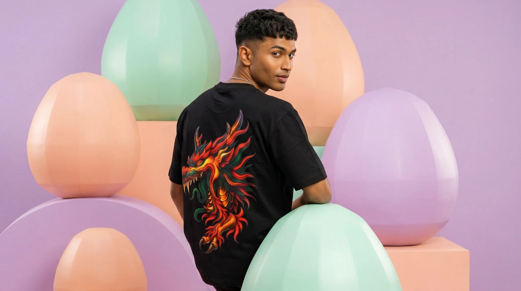 Fired Dragon Graphic Oversized T-Shirt Black Side View – 240 GSM Organic Cotton