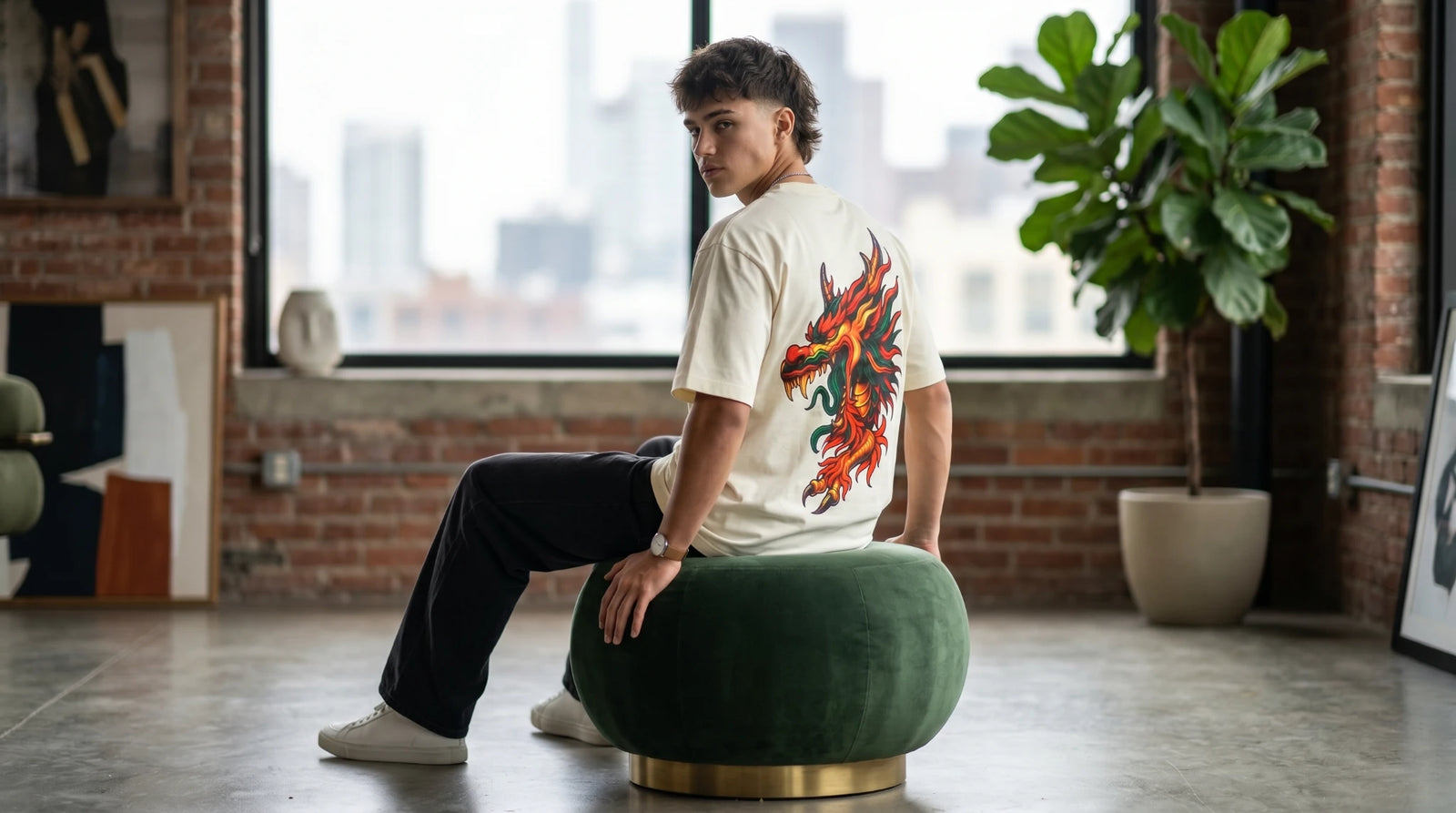Fired Dragon Graphic Oversized T-Shirt Beige 240 GSM Organic Cotton – Shweta Styles