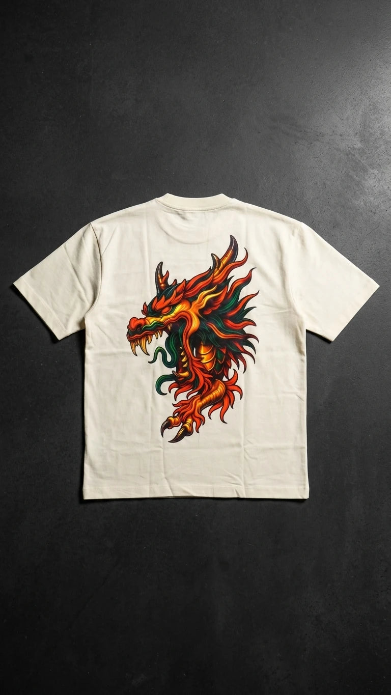 Fired Dragon Graphic Oversized T-Shirt Beige Side View – Shweta Styles