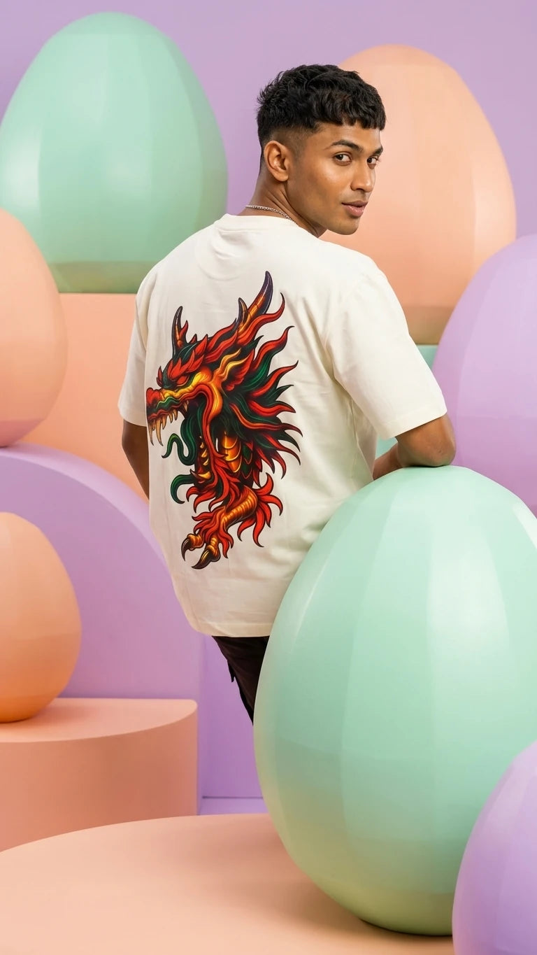 Fired Dragon Graphic Oversized T-Shirt Beige Back View – 240 GSM Organic Cotton