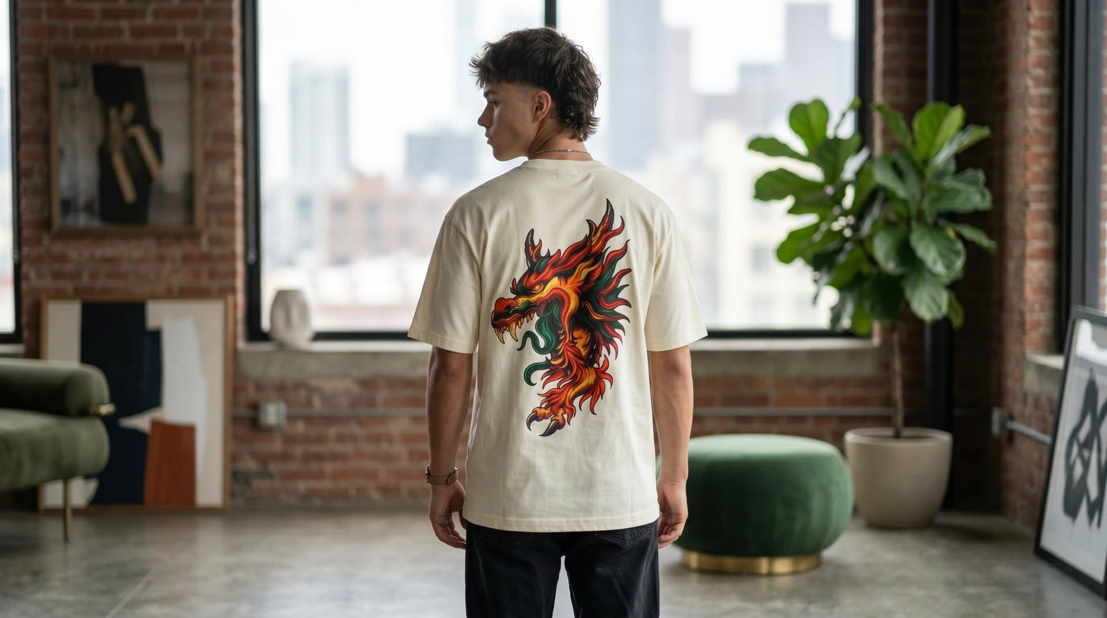 Fired Dragon Graphic Oversized T-Shirt Beige Front View – Shweta Styles