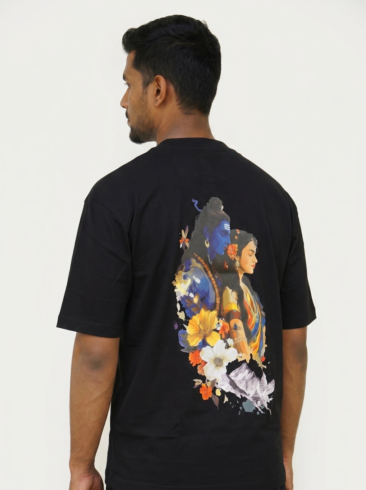 Shiv Parvati Graphic Oversized T-Shirt Black Side View – 220 GSM Cotton – Shweta Styles