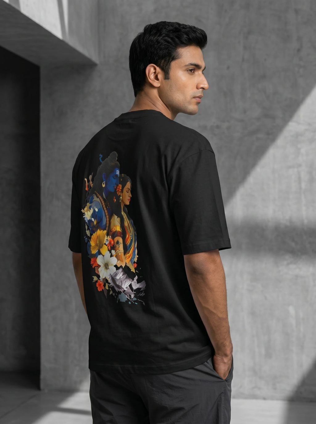 Shiv Parvati Graphic Oversized T-Shirt Black Front View – 220 GSM Cotton – Shweta Styles