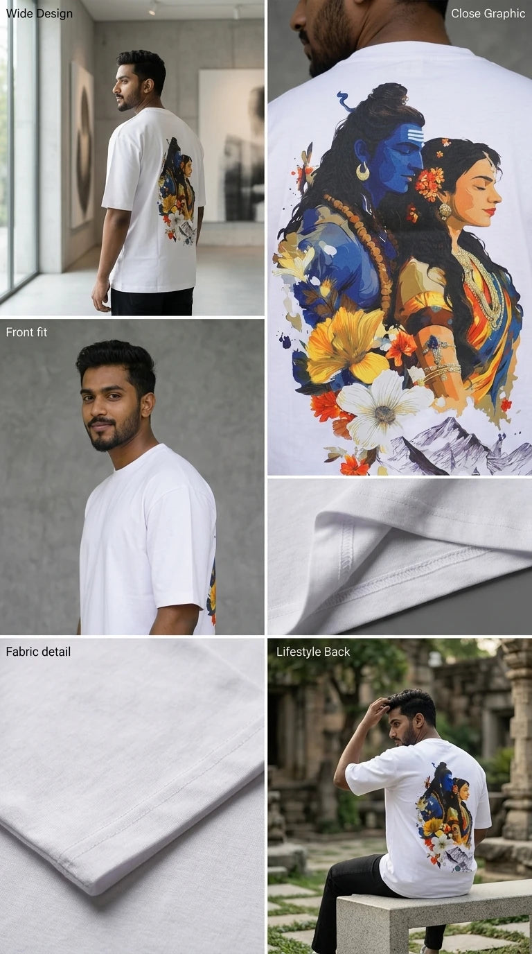 Shiv Parvati Graphic Oversized T-Shirt White Full View – 220 GSM Cotton