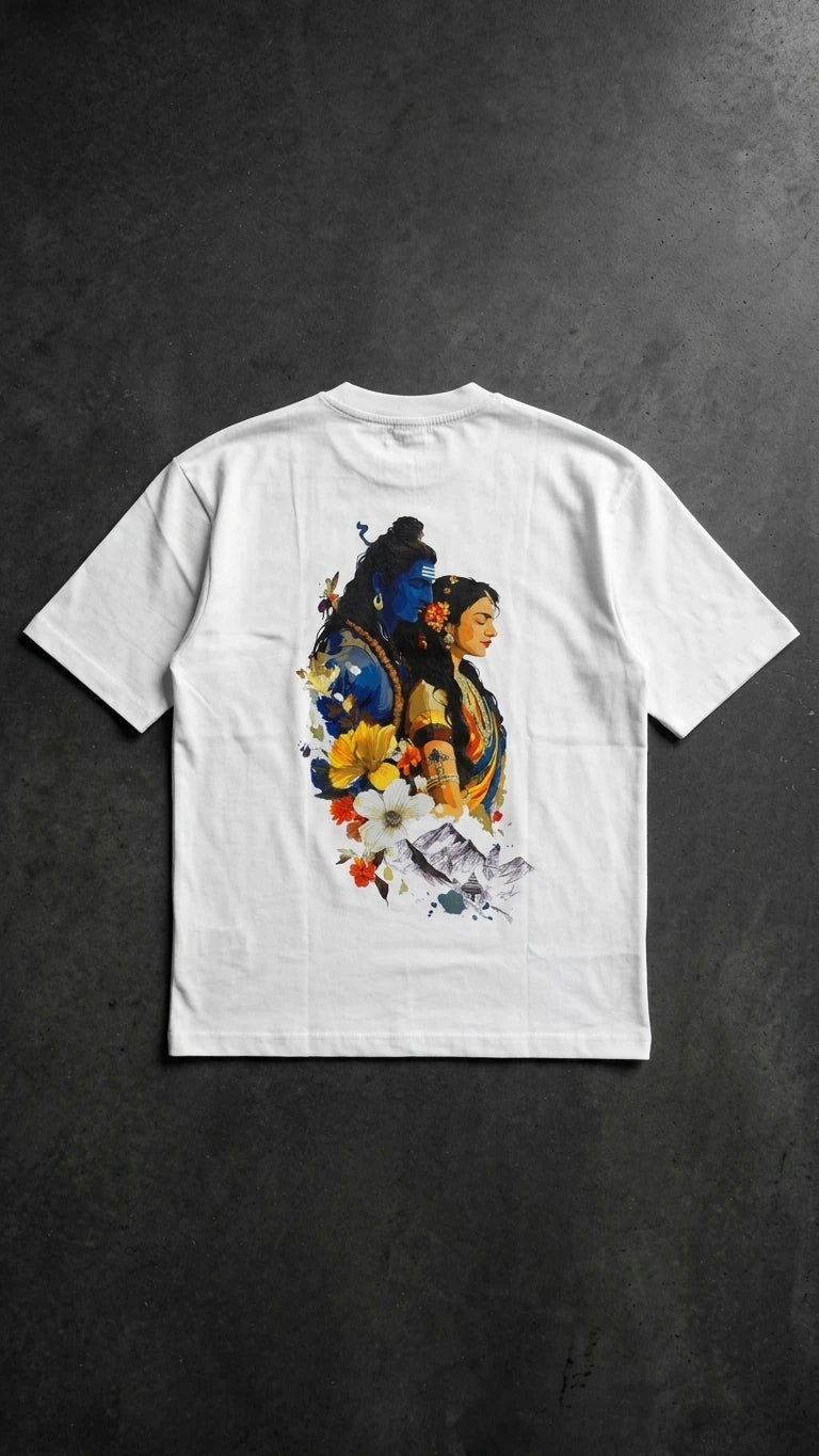 Shiv Parvati Graphic Oversized T-Shirt White Close-Up Print – 220 GSM Cotton