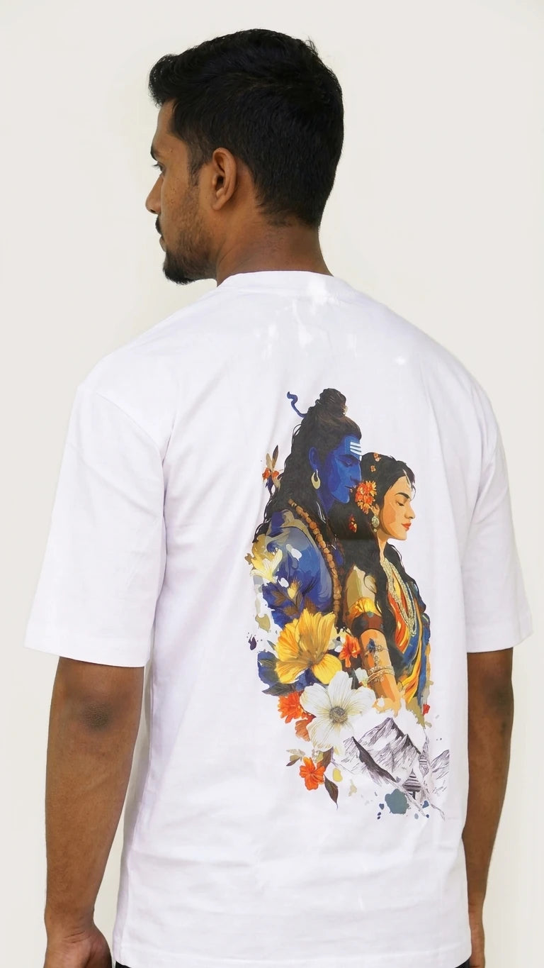Shiv Parvati Graphic Oversized T-Shirt White Front View – 220 GSM Cotton – Shweta Styles