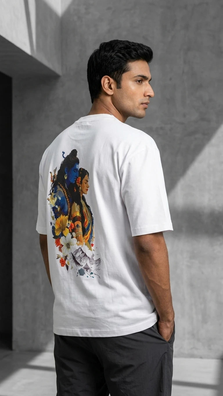 Shiv Parvati Graphic Oversized T-Shirt White Back View – 220 GSM Cotton – Shweta Styles